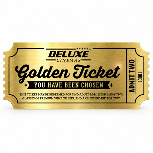 Deluxe Cinemas Golden Ticket for two cinema admissions, two drinks and a cheeseboard, on a white background.