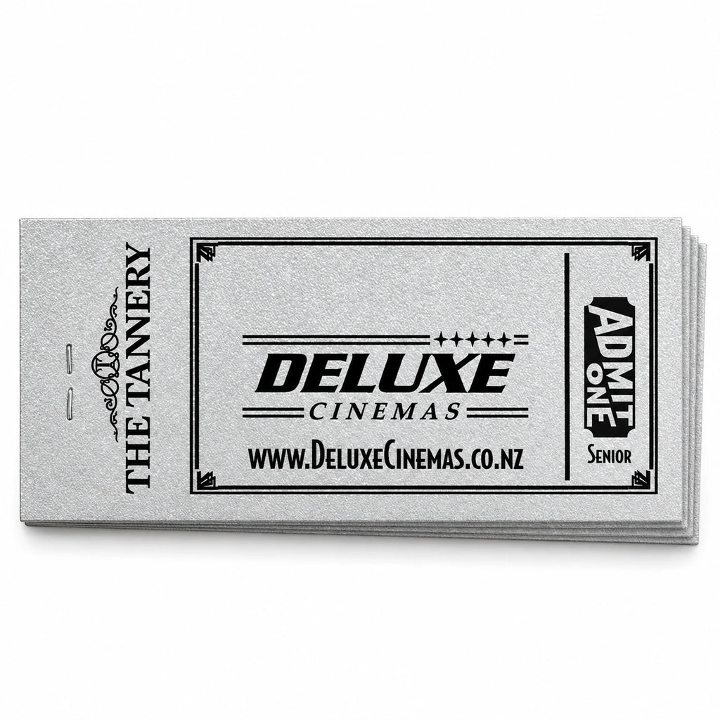 Deluxe Cinemas Senior Discount Book of Ten: older rectangular silver vouchers on a white background