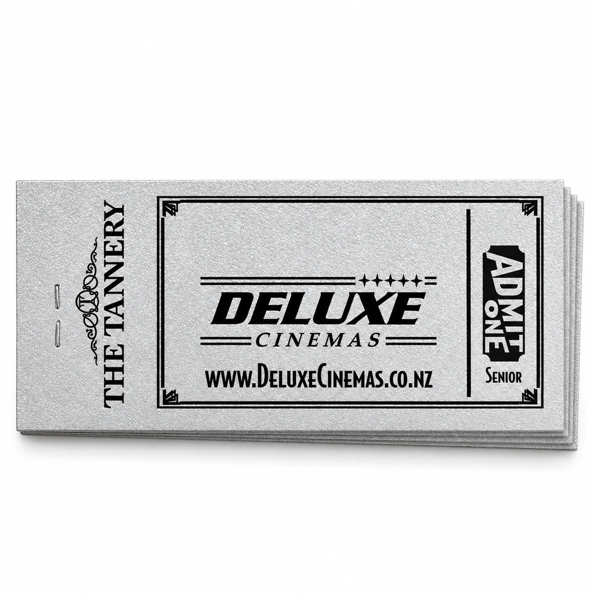 Deluxe Cinemas Senior Discount Book of Ten: older rectangular silver vouchers on a white background