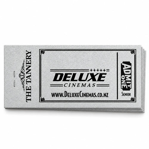 Deluxe Cinemas Senior Discount Book of Ten: older rectangular silver vouchers on a white background